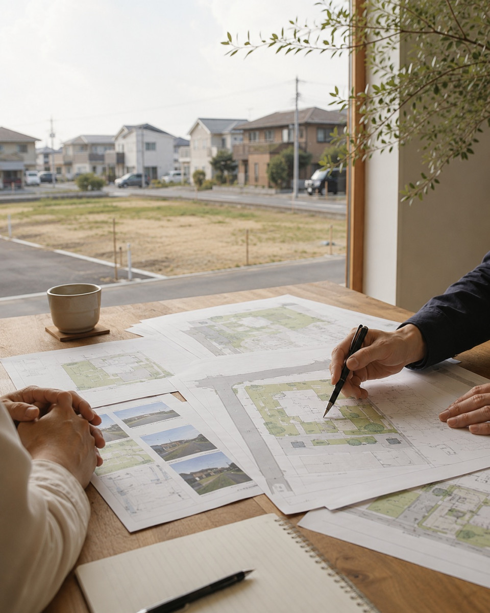 土地資料や配置図を見ながら建築士と相談している様子
