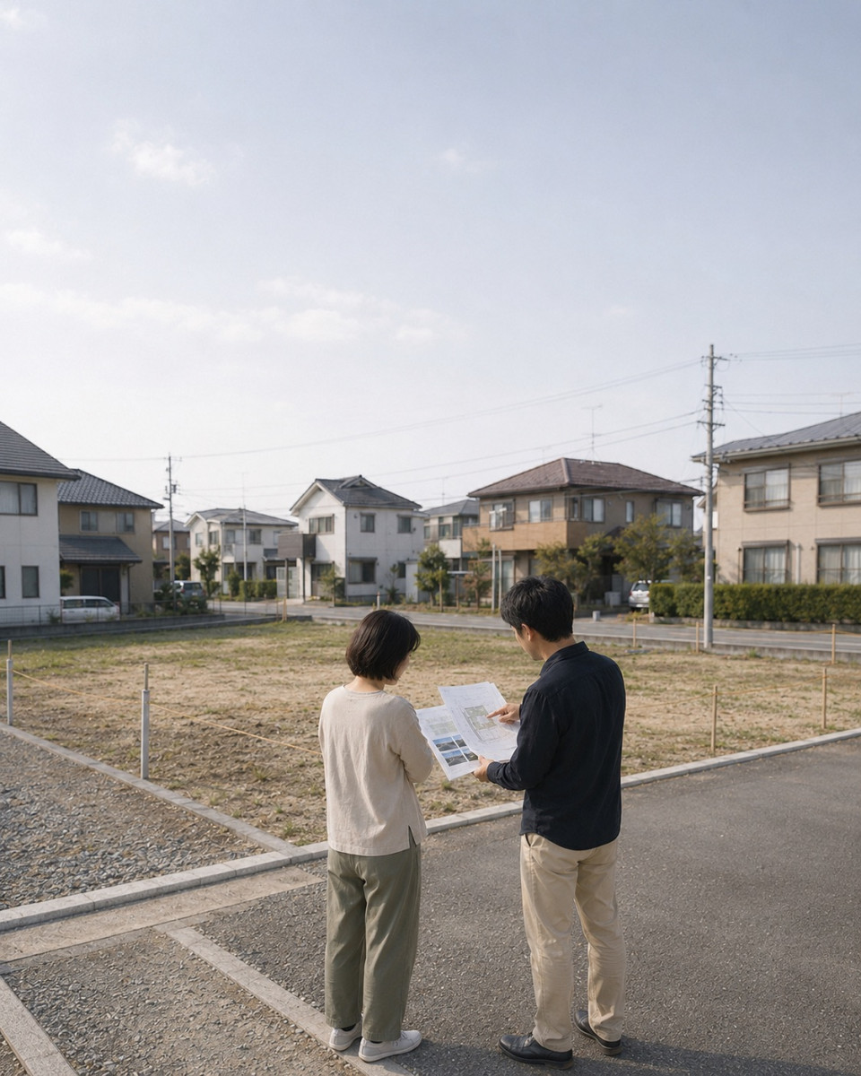 土地の現地で建築士と資料を見比べながら確認している様子